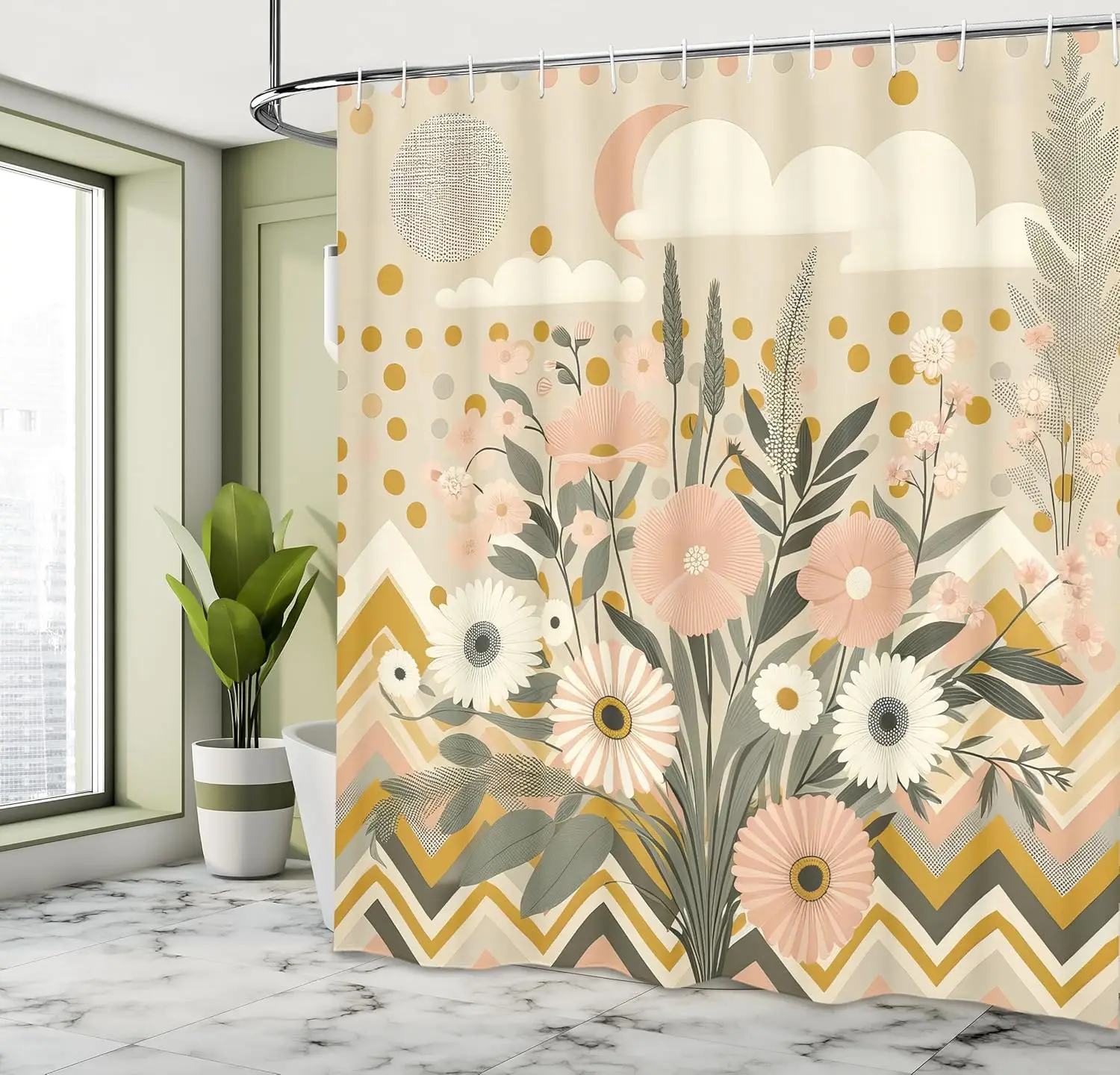 

Занавеска для душа с цветочным эвкалиптом, весенние сокровищенные цветы и шеврон Зигзаги Boho Nordic, тканевая ткань для ванной комнаты