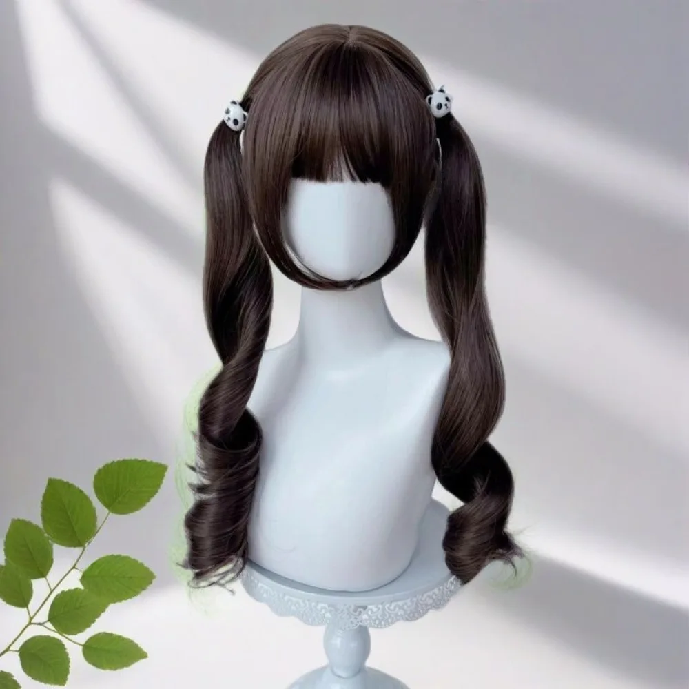 ‌ Franse krullende Lolita pruik - as kastanjebruin volledige dop, luchtpony en dubbele staarten, schattig JK schoolmeisje cosplay haar