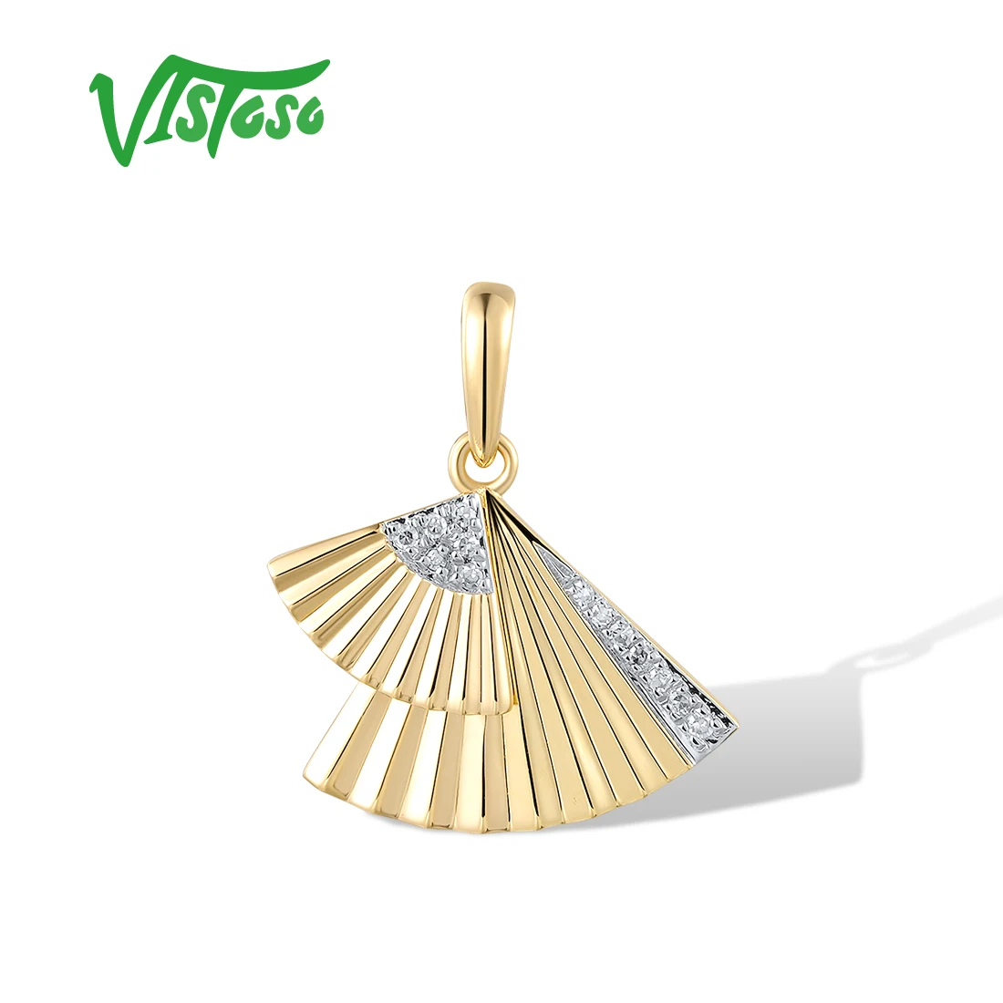 VISTOSO Genuine 14K 585 Yellow Gold Pendant For Women Sparkling Diamonds Oriental Double Fan Shape Exquisite Party Fine Jewelry