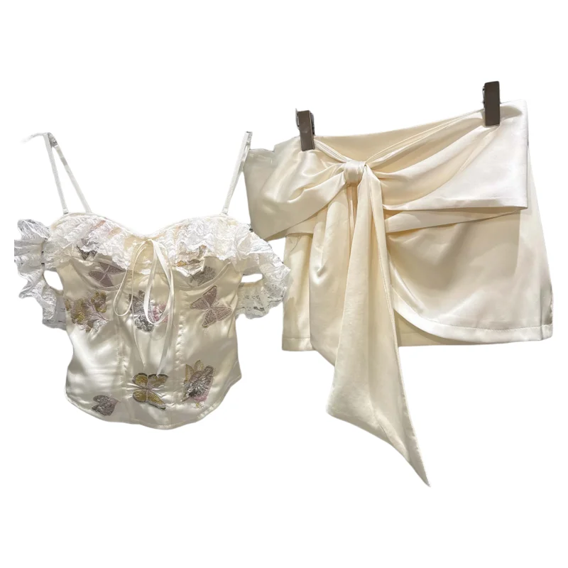 Conjunto de falda ort con tirantes de fibra de encaje bordado dulce, traje de dos piezas con lazo en la cintura para mujer, verano 2025, Faion