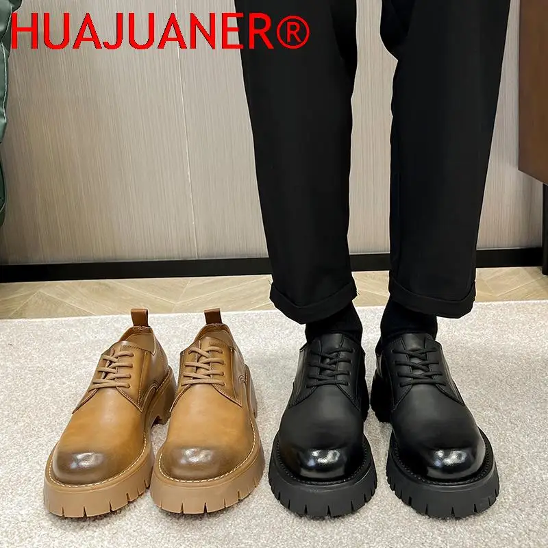 Zapatos Oxford de cuero genuino para hombre, calzado informal con plataforma y cordones, botas de vestir de baja altura