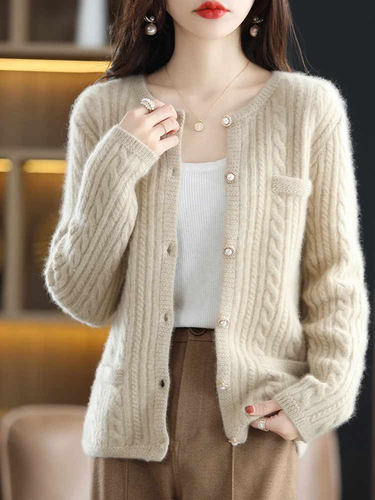 Women's Long Sleeve Cardigan Autumn Winter 100% Merino Wool Sweater O-neck Twist Flower Cashmere Kintwear Female Clothing Tops