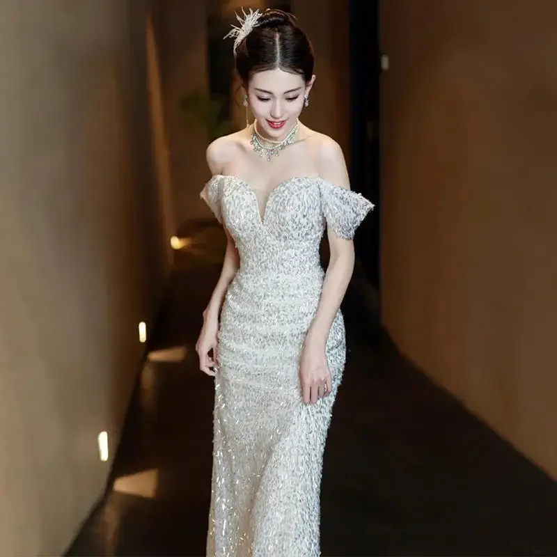 Bling White Mermaid Celebrity Banquet Dress Women Sexy Sheath Formal Party Dress Qipao Off Shoulder Maxi Dress Robe De Soiree