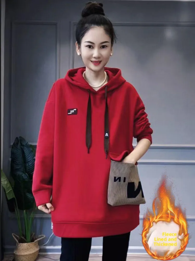 เสื้อฮู้ดผู้หญิงทรงยาวมีซับใน รุ่นใหม่ล่าสุดสำหรับฤดูใบไม้ร่วงและฤดูหนาว สไตล์แฟชั่น