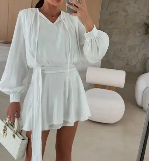 

Solid Color Long Sleeved V-Neck Lace Up Casual Dress for Women, Elegant Spring and Summer Waist Cinched Lantern Sleeve Dress