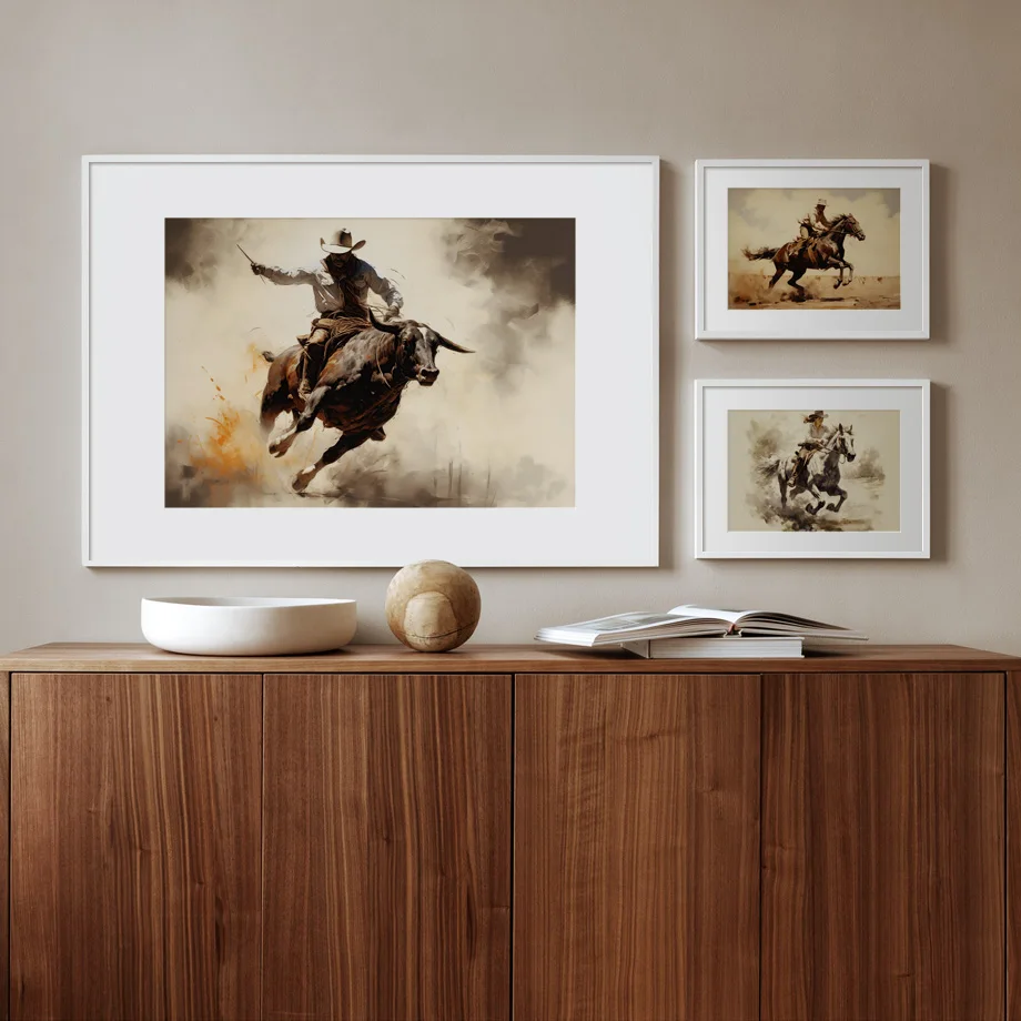 West Cowboy Riding Horse Watercolor Black And White Boho Wall Art Canvas Painting Prints Picture Living Room Interior Home Decor