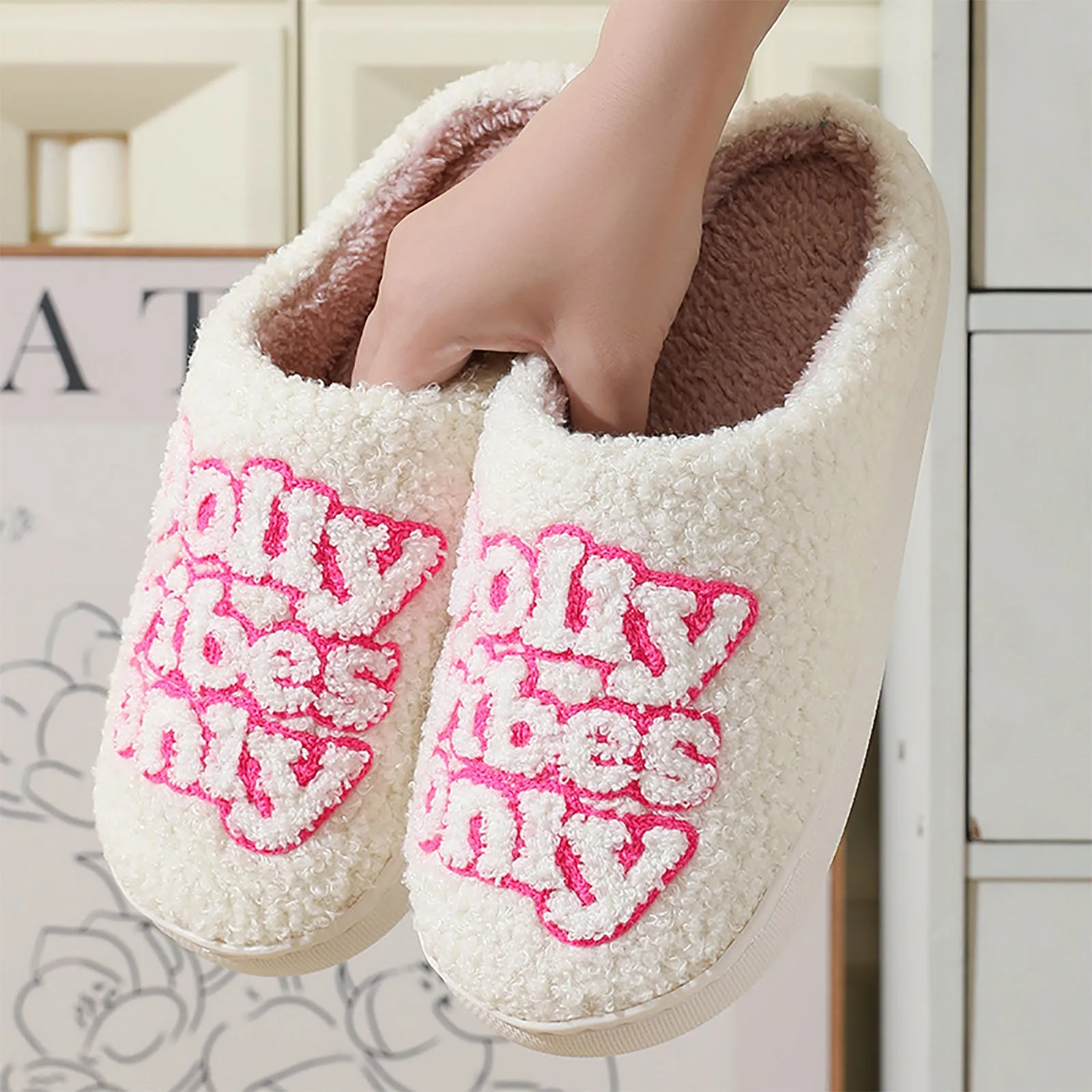 Monogram Pattern Embroidery stuffed Home Thick Sole plaid Furry Cotton Slippers Cute Warm Non-slip Indoor Slippers Gift