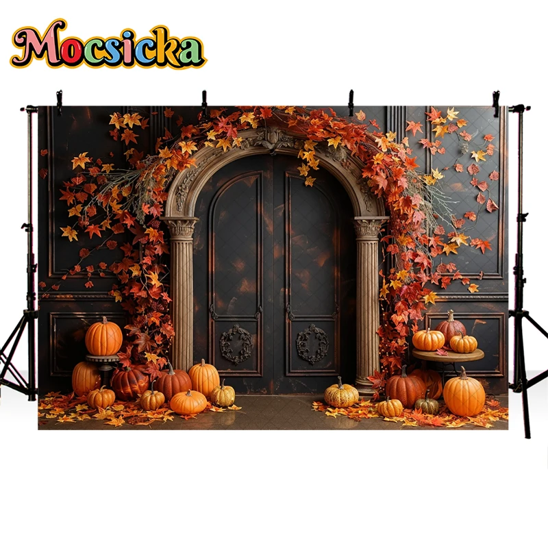 Mocsicka Photography Background Fall Pumpkin Red Maple Leaf Arch Decor Adult Children Artistic Portrait Backdrop Photo Studio