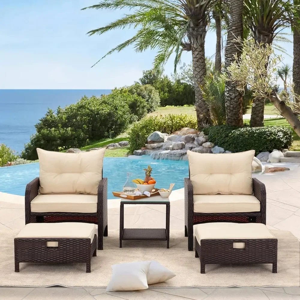 

5 Pieces Patio Furniture Set, Rattan Chairs with Tempered Glass Coffee Table, Ottomans & Soft Cushions, Outdoor Furniture Sets