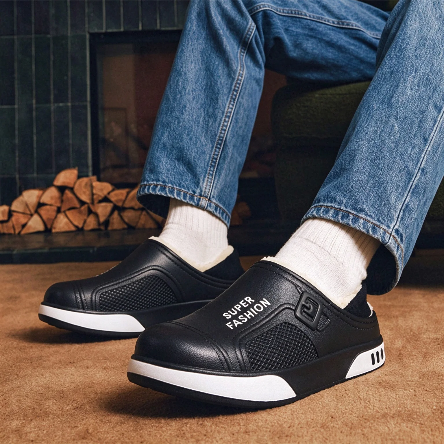 Winter Eva Waterproof Warm Plush Home Slippers Men's Fashion Stripe Soft Bottom Fleece Sports Shoes Casual Non Slip Cotton Clogs