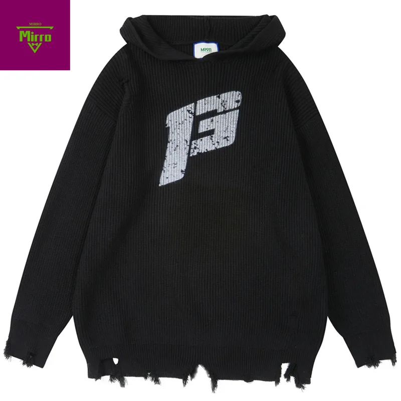 Streetwear Hip Hop Men Sweaters Ripped Tassel Hooded Sweaters Knit Jumpers Harajuku Oversized Sweaters Knitwear