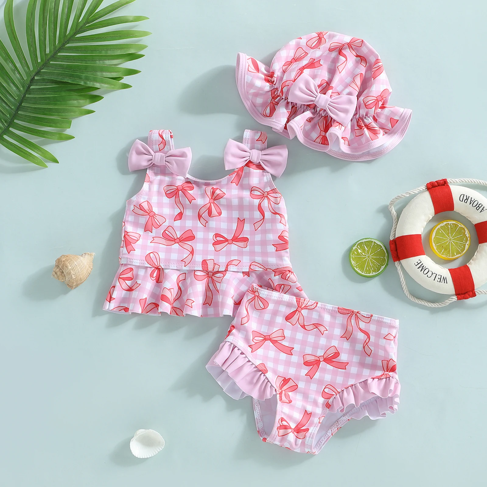 

Детские комплекты бикини из 3 предметов с бантом для девочек, милый топ без рукавов с клетчатым принтом и трусы, купальник с рюшами, летняя пляжная одежда