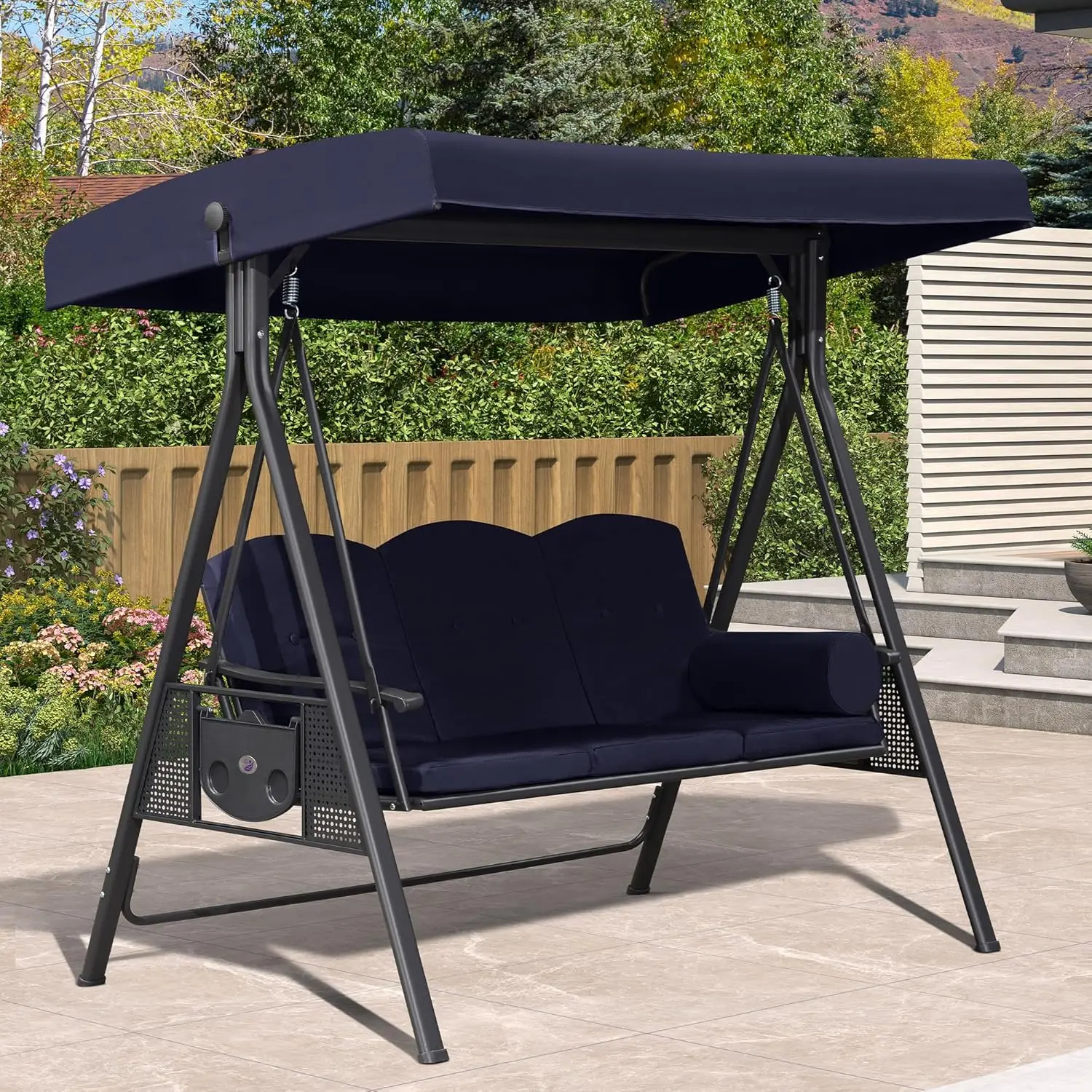 

Outdoor Patio Porch Swing with Stand, 3-seat Swing Chair with Adjustable Tilt Canopy All-Weather Steel Frame for Bac