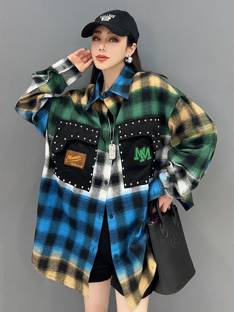 Vefadisa 2024 Autumn New Blue Women Plaid Shirts Turn-down Collar Long Sleeve Patchwork Shirt Casual Fashion Loose Coat ZXY594A