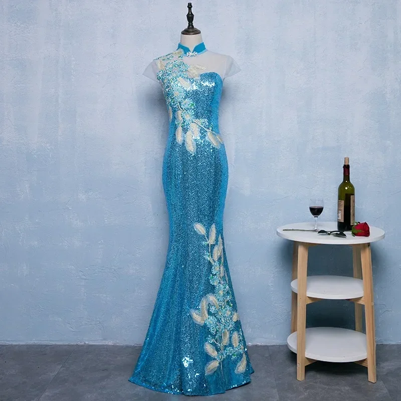 

Mermaid Dresses Luxury Sequins Cheongsam Fashion Banquet Evening Party Show Vestidos Women Improved Chinese New Style Qipao