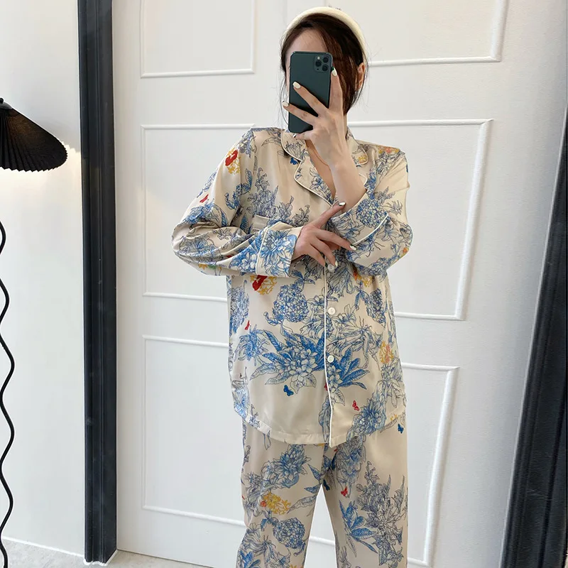 Light Luxury Spring and Autumn New Silk Smooth Pajamas for Women Monet Flower High Grade Long Sleeve Cardigan Satin Silk Pajamas