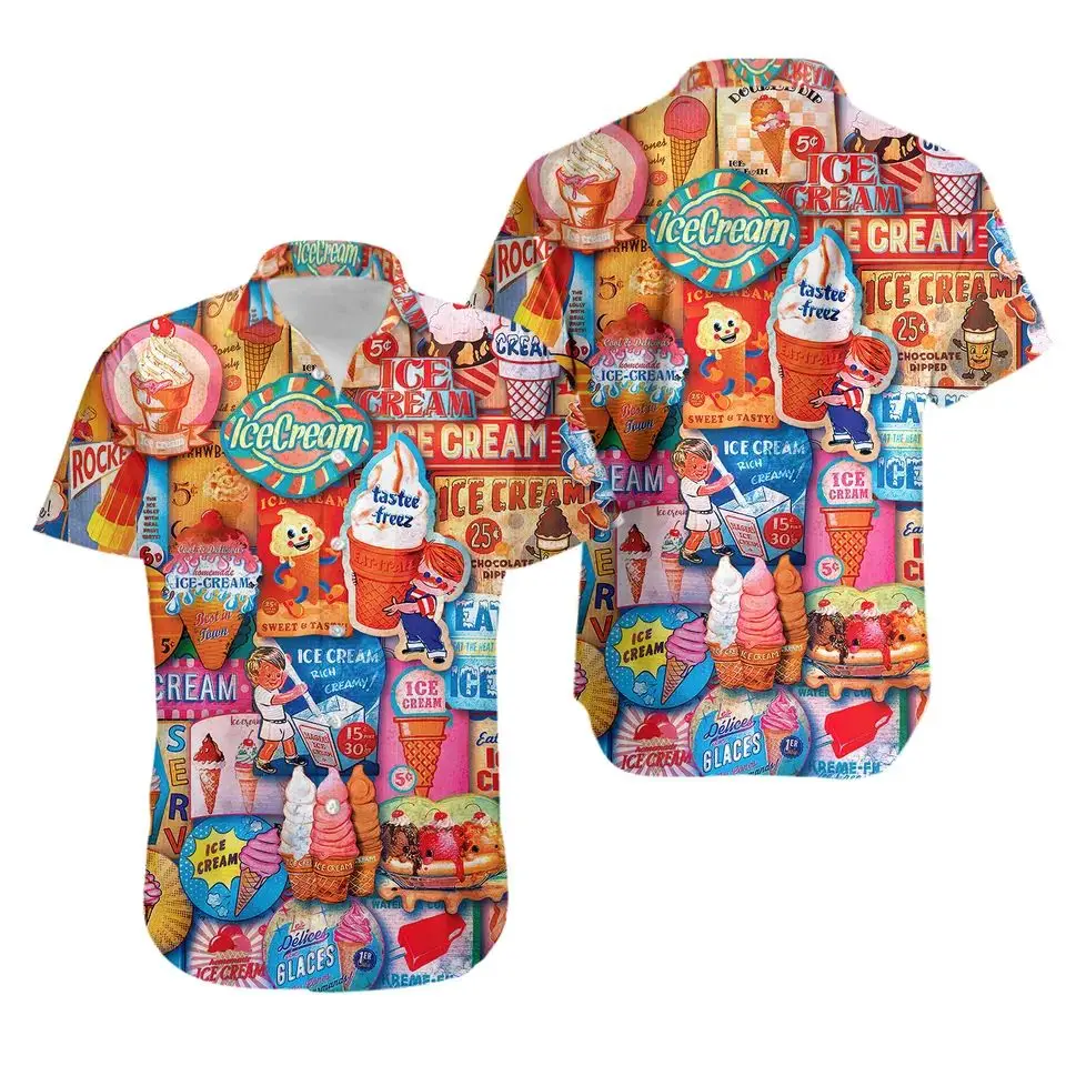 3D Printed 80s 90s Vintage Ice Cream Graphic Beach Shirts For Men Casual Short Sleeve Hawaii Shirts Tops Mens Designer Shirt