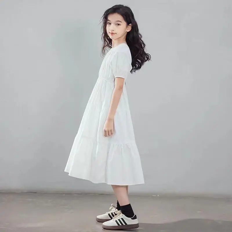 2024 new summer princess white black dress boat neckline short sleeve backless kids children Ruffle teens 5 6 8 9 10 11 12 years