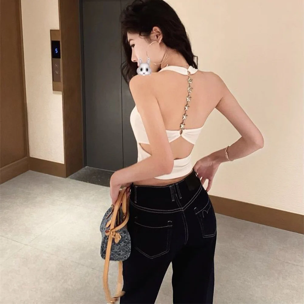 Crop Top with Chest Pads for Women Sleeveless Backless Hollow Star Strap Back Y2k Camisole Solid Color Regular Length