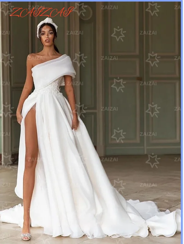 Customized Sleeveless One Shoulder Wedding Dress Split A-Line Bride Gow With Bow Long Train Bride Wedding Dress