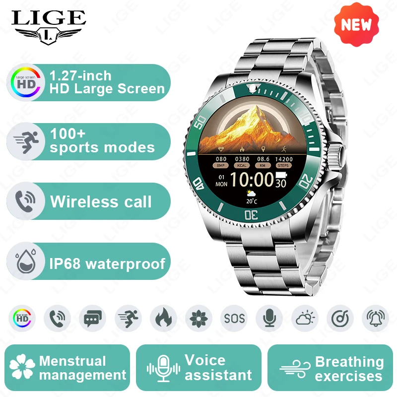 LIGE 2026 New Steel Smart Watch Men IP68 Waterproof Bluetooth Call Sports Men's Watches 1.27