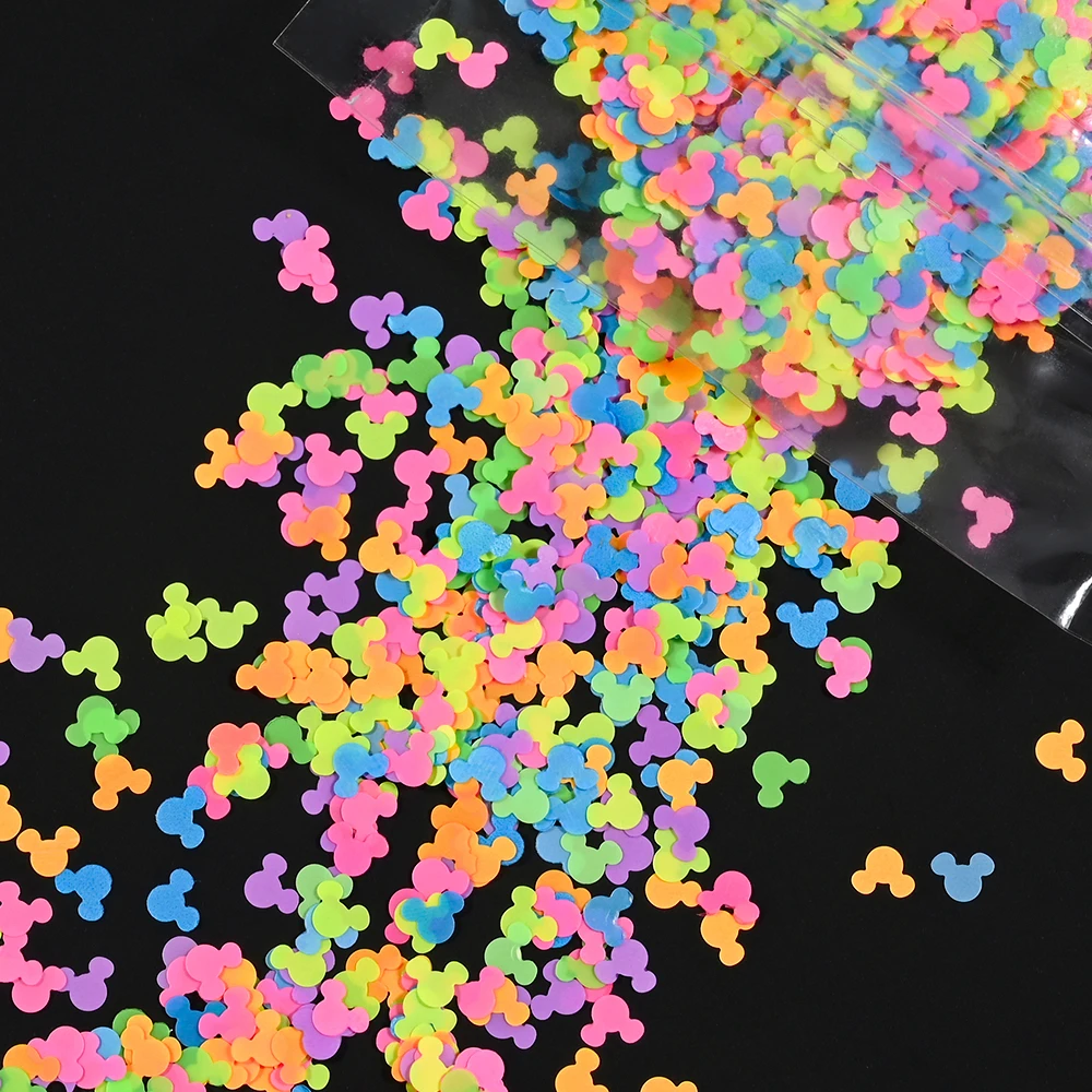 10 g/borsa fluorescente testa di Topolino glitter per unghie paillettes 3D colori misti a forma di stella a cinque punte, decorazione per unghie in scaglie di design di Topolino