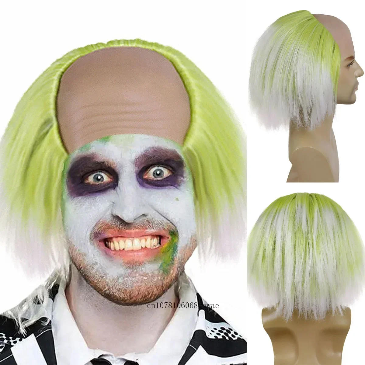 Halloween Cosplay Wigs Synthetic Short Ombre Green Wig with Bald Cap for Men Anime Costume Wig Dress Up Party Heat Resistant