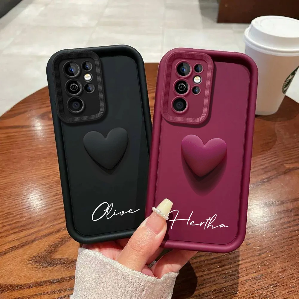 Caixa personalizada do coração do amor 3D para a galáxia de Samsung, nome personalizado, tampa macia luxuosa, S24, S23, S22, S21, S20 Ultra Plus