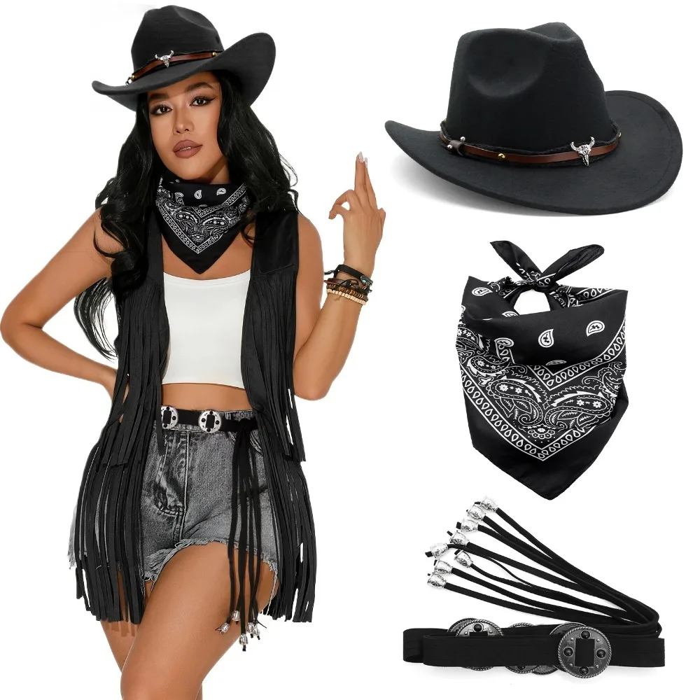 Women Western Cowboy Costume Set Fringe Cowboy Hat Bandana Belt 3Pcs Halloween Party Outfit view 4