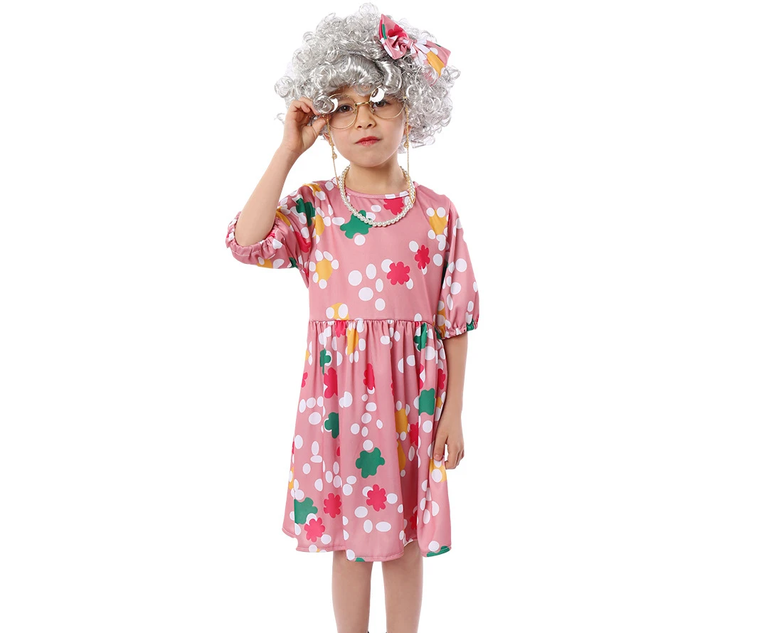 Novità Old Lady Women nonna parrucca grigia Fancy Dress Costume Set bambini 100th Day of School Girls Halloween Cosplay nonna Roleplay