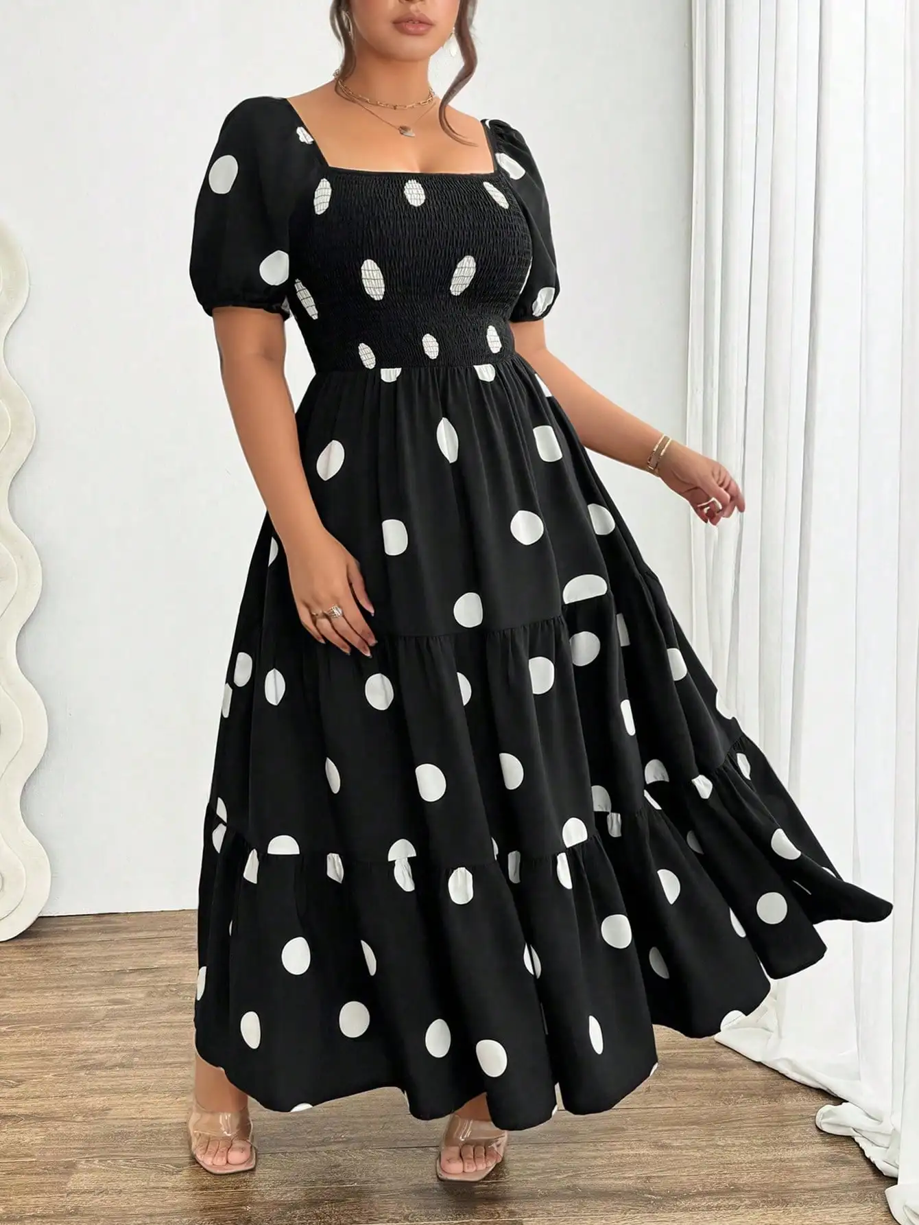 Ladies Black Polka Dot Ruffle Sleeve Square Collar Long Dress Elegant A-Line Summer Gown Suitable for Plump Figures view 6