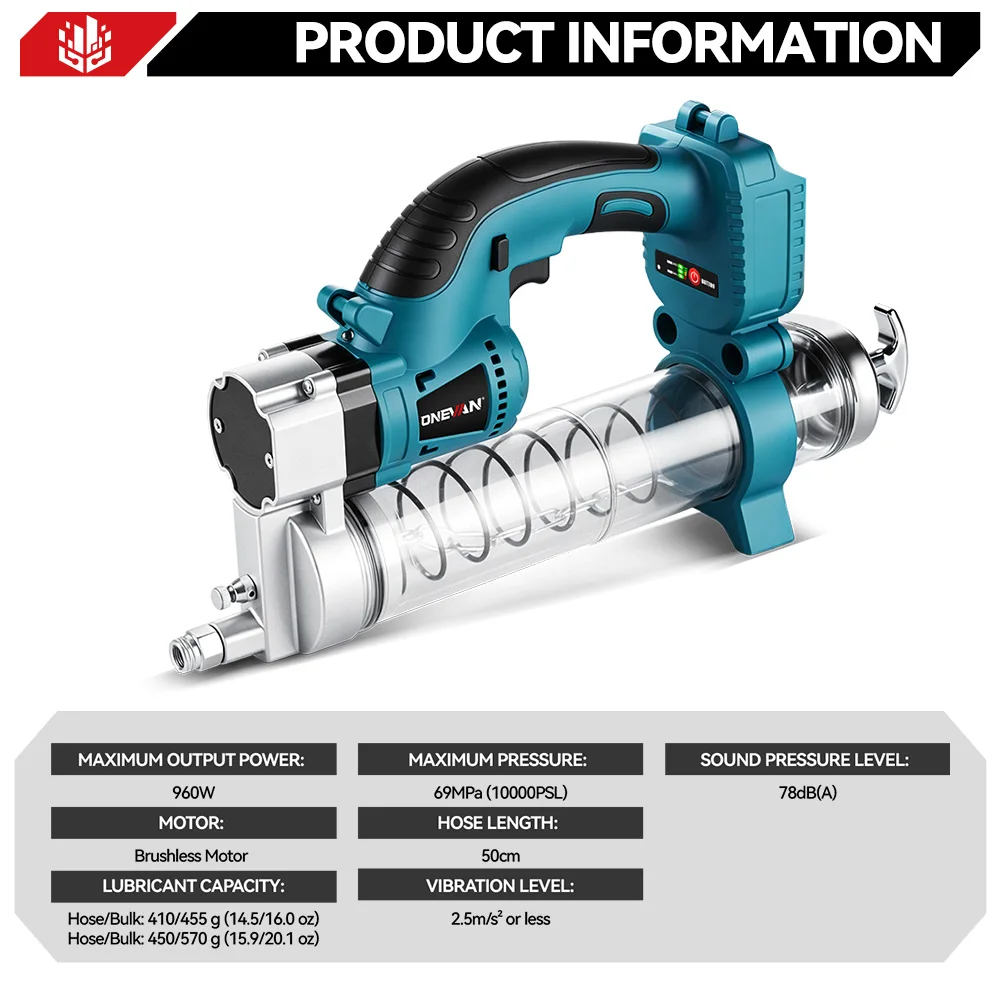 ONEVAN 10000PSL High Pressure Electric Grease Machine Cordless Rechargeable Car Lubricating Oil Tool For Makita Battery Pin