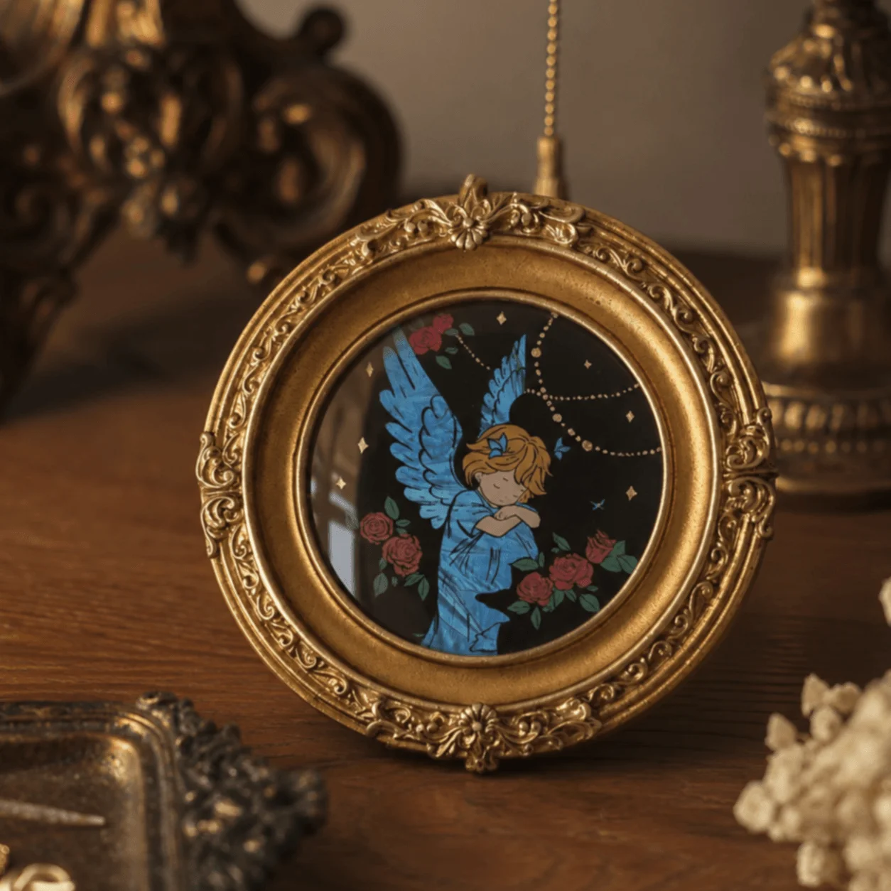 Vintage Blue Morpho Butterfly Wing Art, Sleeping Angel Round Framed Decor, Baroque Gilded Frame, Gothic Curio Home Art Gift