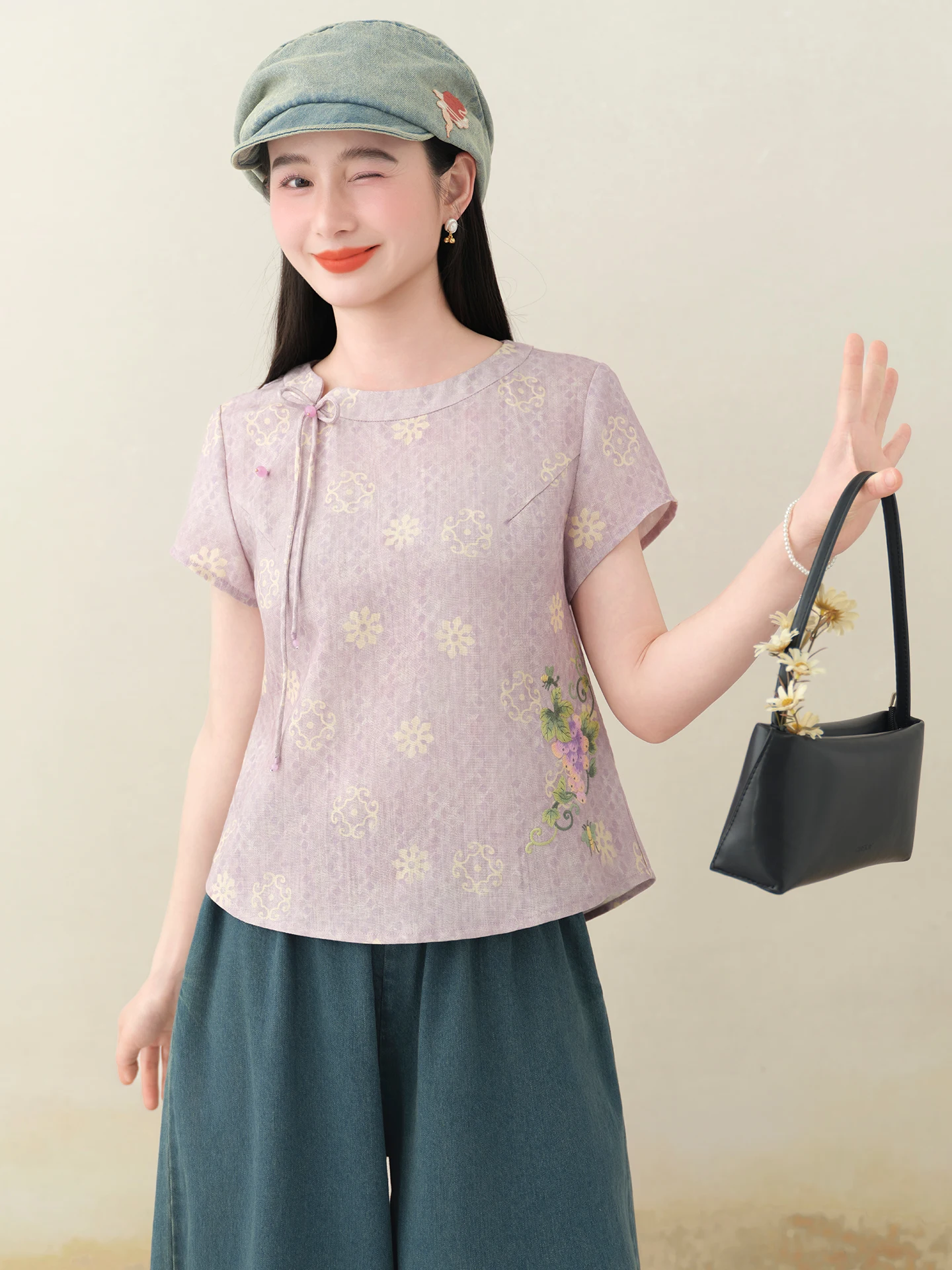 

Новая женская повседневная модная рубашка в китайском стиле с круглым вырезом и принтом, летняя, винтажная, веганская, светло-фиолетовая, с эффектом снежного сияния