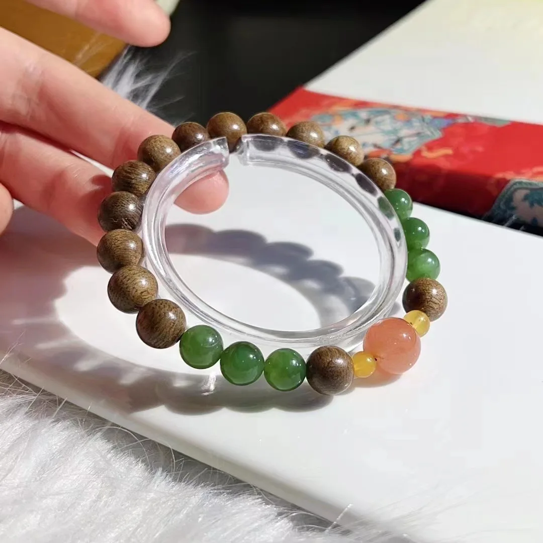 

New Chinese Style Wen Play Sinewood Single Ring Bracelet Women's Hetian Jasper Jewelry Beeswax Lucky Bead JewelryAttract Wealth