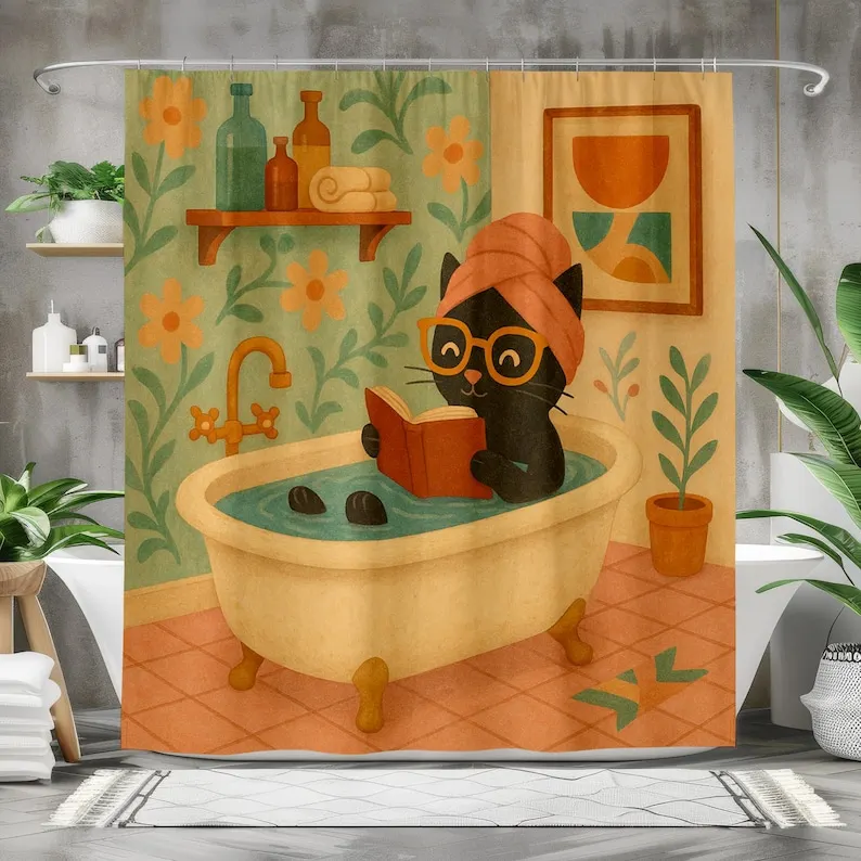 Retro Cat Shower Curtain, Vintage Bathroom Decor, Whimsical Black Cat in Tub, Funny Reading Scene, Cottagecore Gift