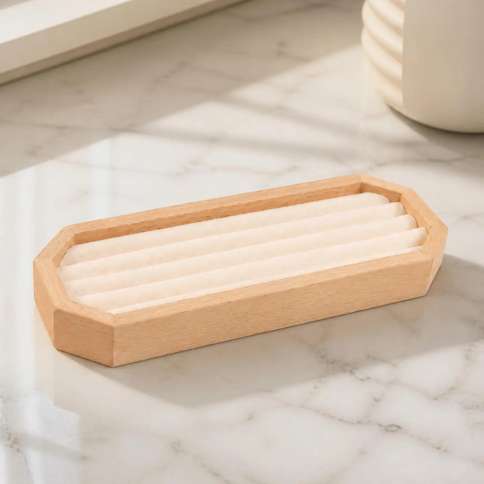 Ring Display Tray Wood Velvet Flocked Octagonal Jewelry Organizer Tray for Counter Showcase Display and Home Trinket Storage