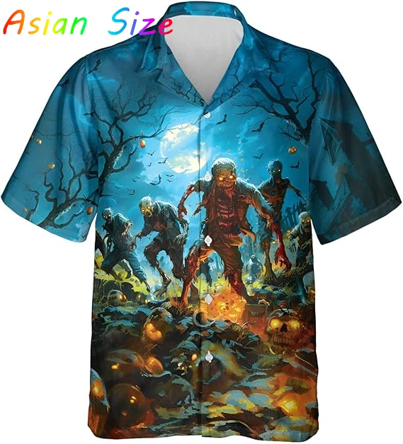 

2026 New Mens Zombie Graphic Hawaii Shirt Polyester Fashion Casual Skull Lovers Beach Shirt Short Sleeve Hawaiian Holiday Camisa