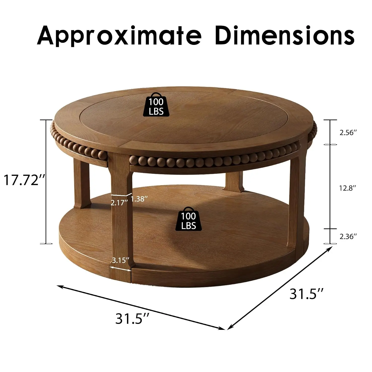 Round Wood Coffee Table with Storage, Modern Center Table with Open Shelf & Beaded Drum, 31.5