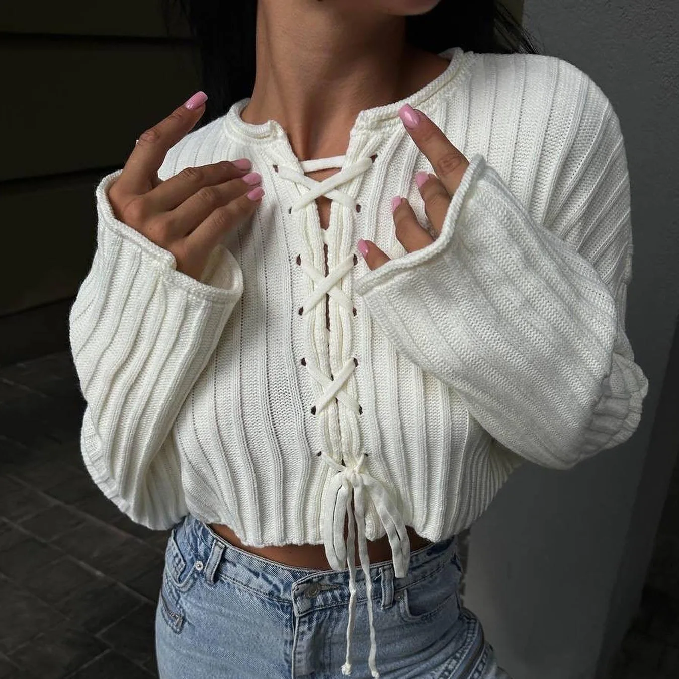 

Spring New Women's Strap Long-sleeved Sweater Cardigan Short Lazy Loose Design Niche Top