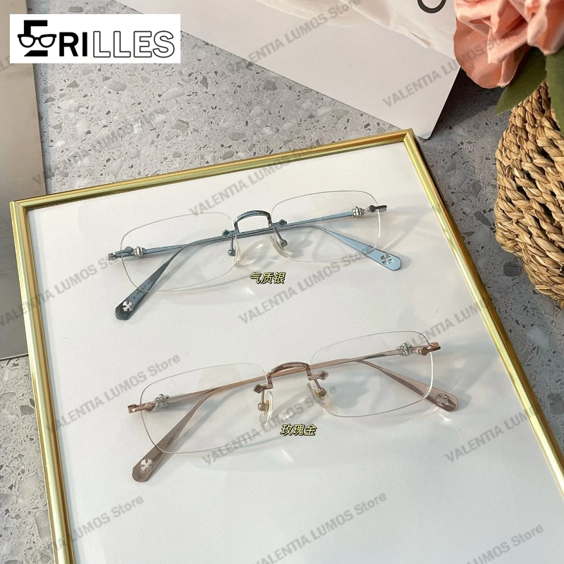 Occhiali da vista senza montatura da donna in titanio, montatura per occhiali che blocca la luce blu, anti-fatica leggera per ufficio/lettura
