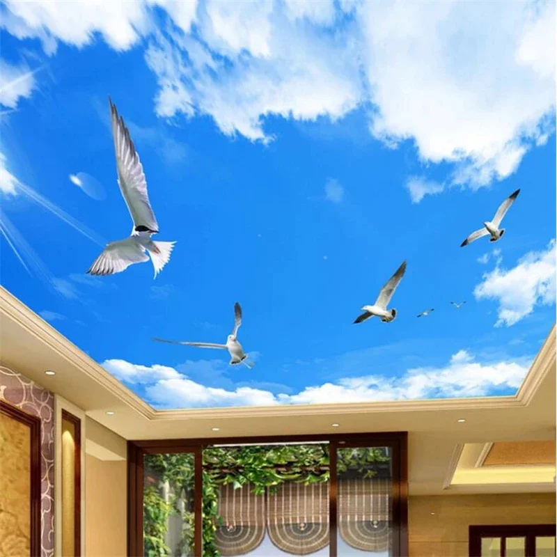 ﻿Custom Wallpaper 3d Blue Sky White Cloud Flying Bird Ceiling Zenith Murals Living Room Hotel beautiful flower butterfly mural