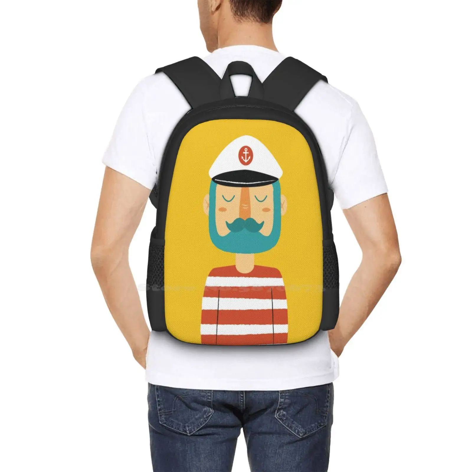 Ahoy-mochila de marinero para estudiante, bolsa de viaje para ordenador portátil, Capitán marinero, ancla, Océano, mar, barba, bigote, personaje, pescador