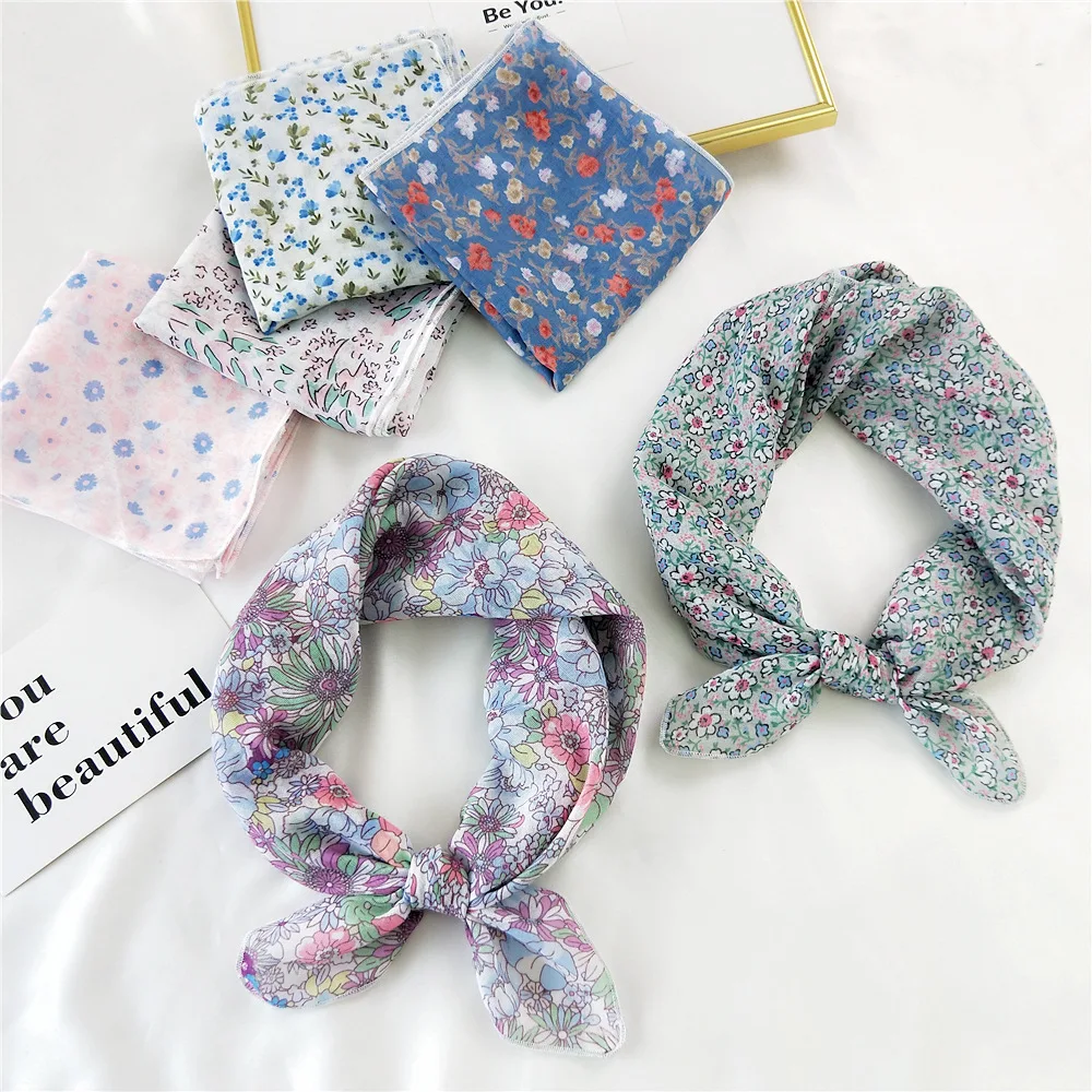 58cm Flower Cotton Square Neck Scarf Women Hair Band Fashion Print Wrap Hairband Headband Hairscarf Turban Kerchief Bandanas