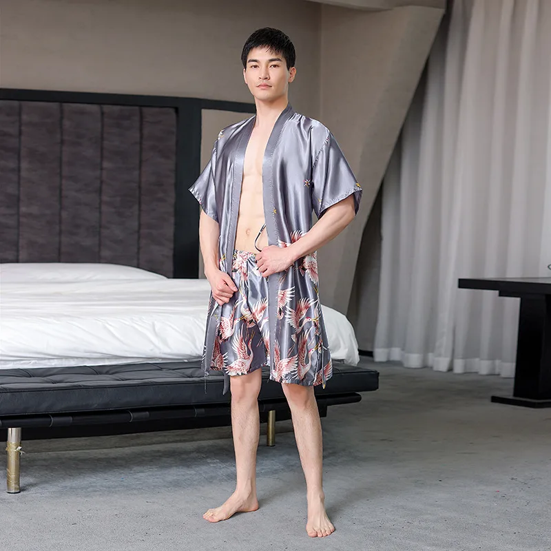 Ice Silk Men\'s Nightgown Robe Summer Thin Bathrobe Pajamas Crane Printed Mid-length Home Wear Chinese Casual Wear