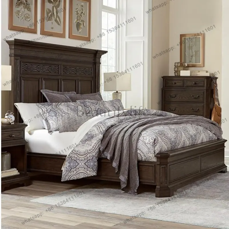 Zj. American rustic solid wood bed with drawers storage double bed villa modern oak