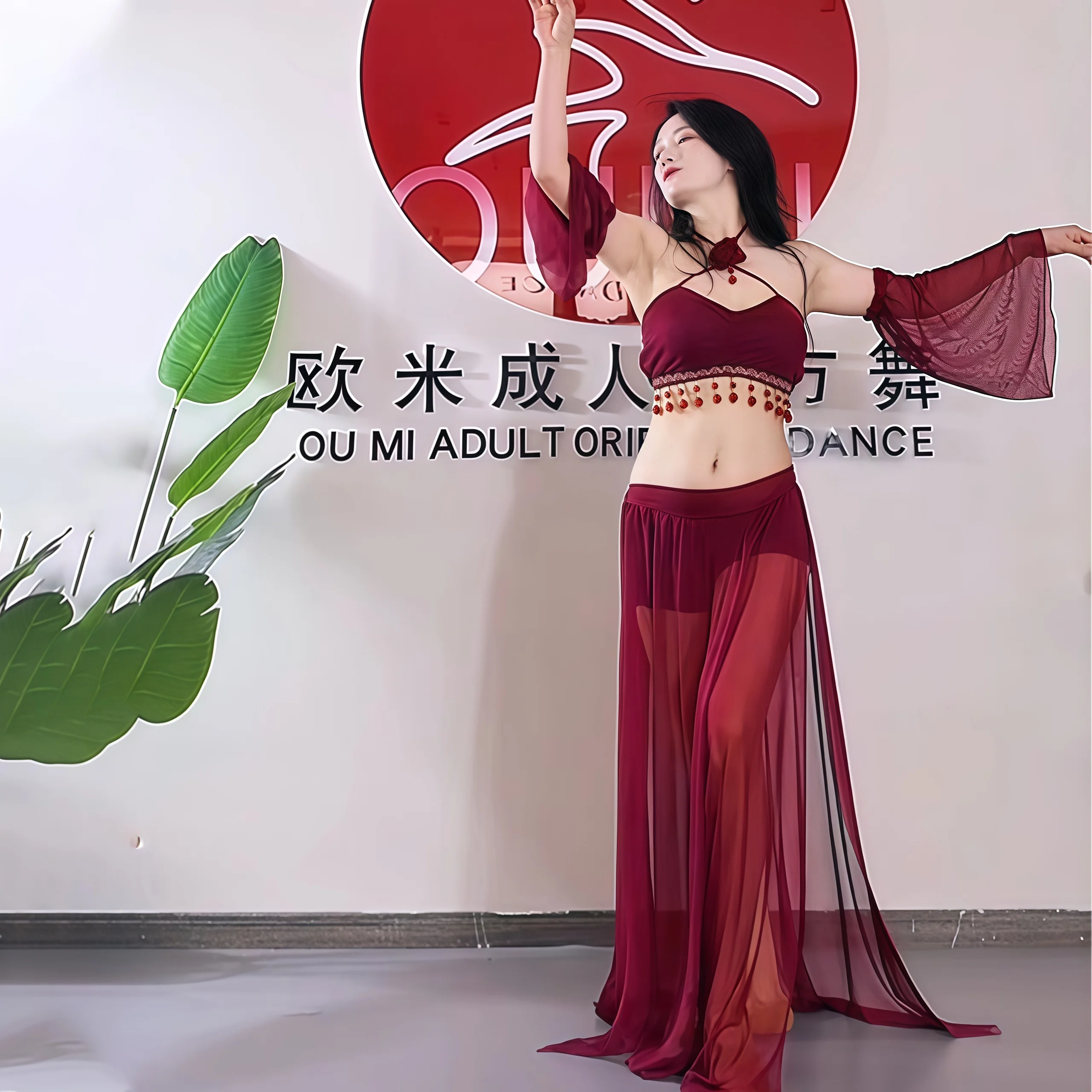 

Belly Dancer Costume Rhinestone Mesh Performance Sexy Set Adult Oriental Dance Practice Outfit Group Dance Women's Clothing