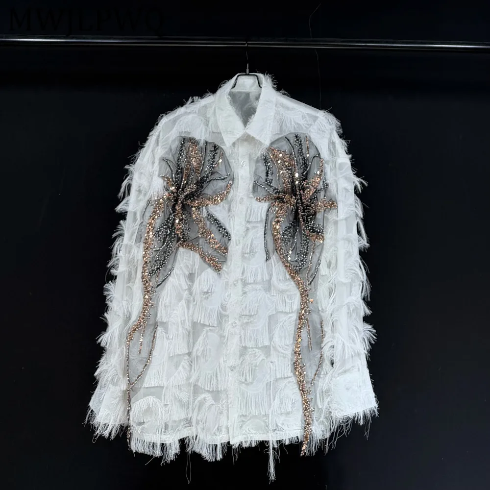

MWJLPWQ Feather Tassel Floral Embroidered Shirt Unisex Streetwear Niched Design Loose Lapel Long-sleeve Tops Spring Autumn 15022