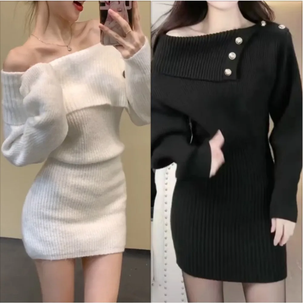 White Sexy Dress Women Off Shoulder Slim Casual Knitted Bodycon Short Dresses