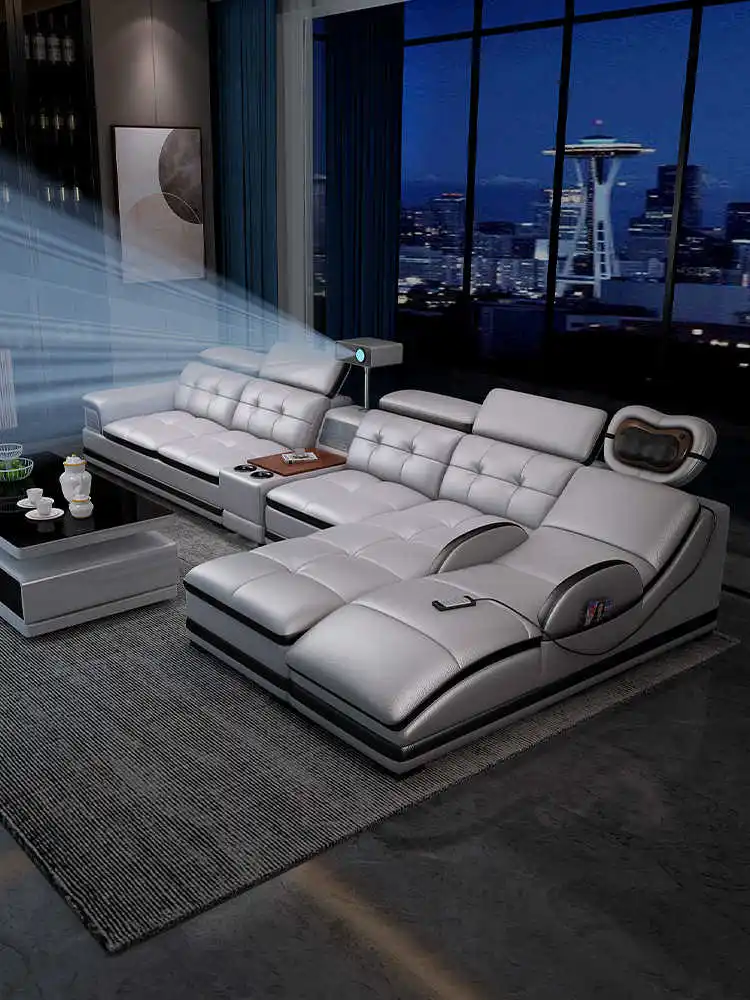 Modern Simple Cowhide Electric Massage Leather Sofa, Living Room Multi-functional Size Layout Leather Sofa